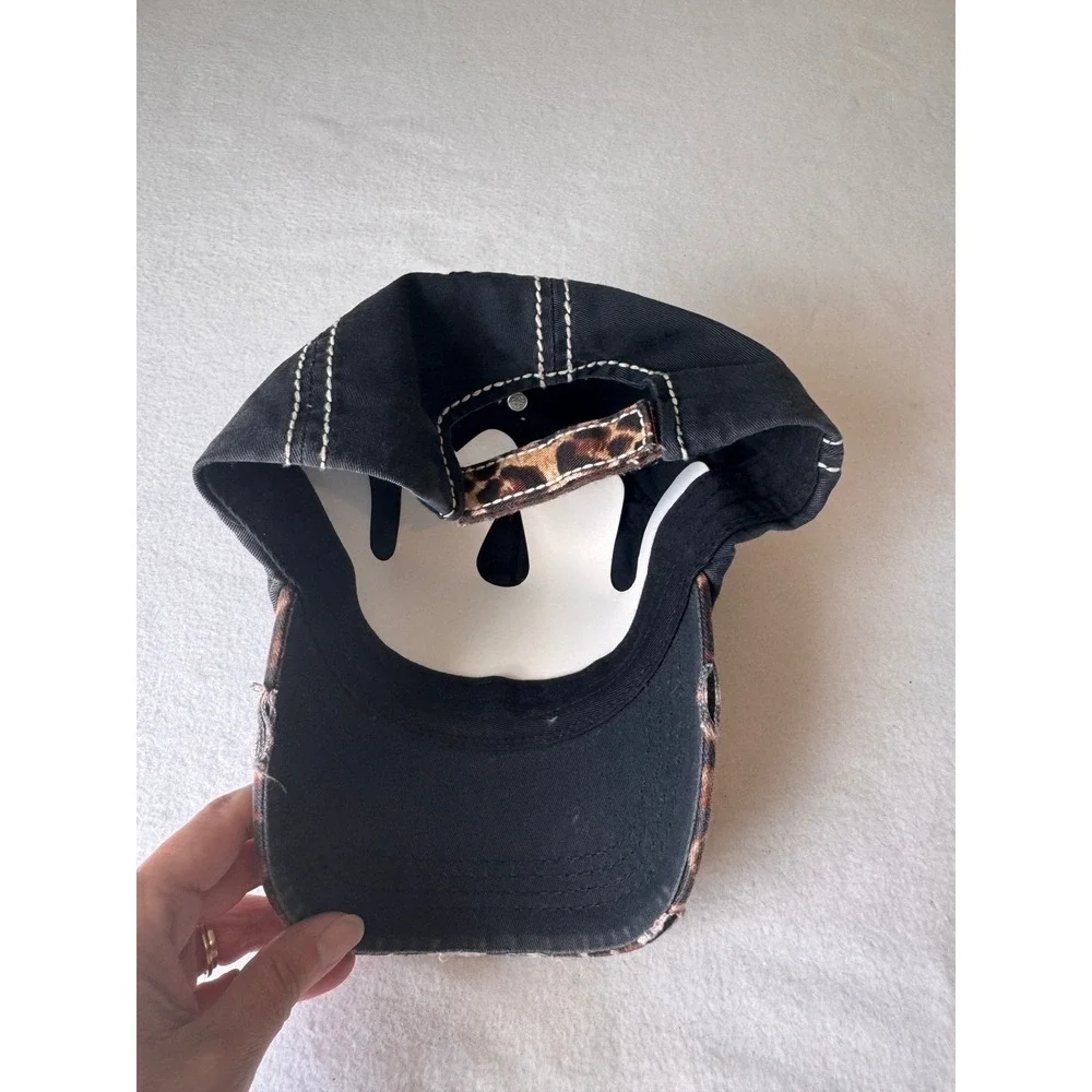 Love Girl Leopard Heart Distressed Baseball Cap Black Pink Animal Print Hat